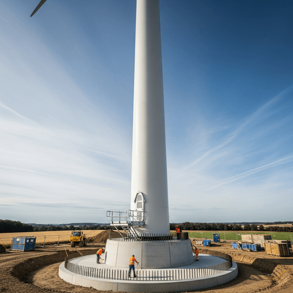 Fundament z zamontowaną wieżą wiatrową