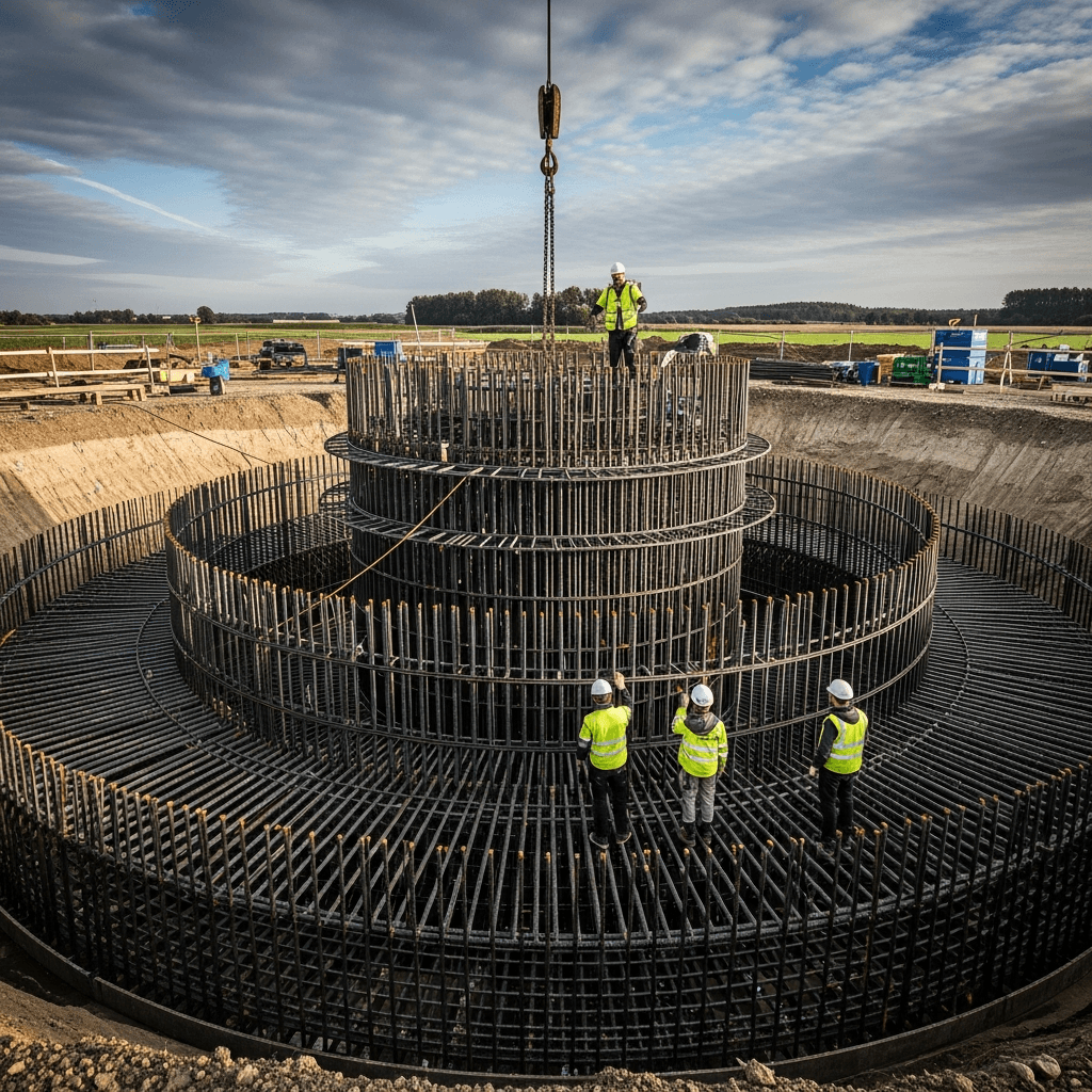 Fundament pod wieżę wiatrową w trakcie zbrojenia