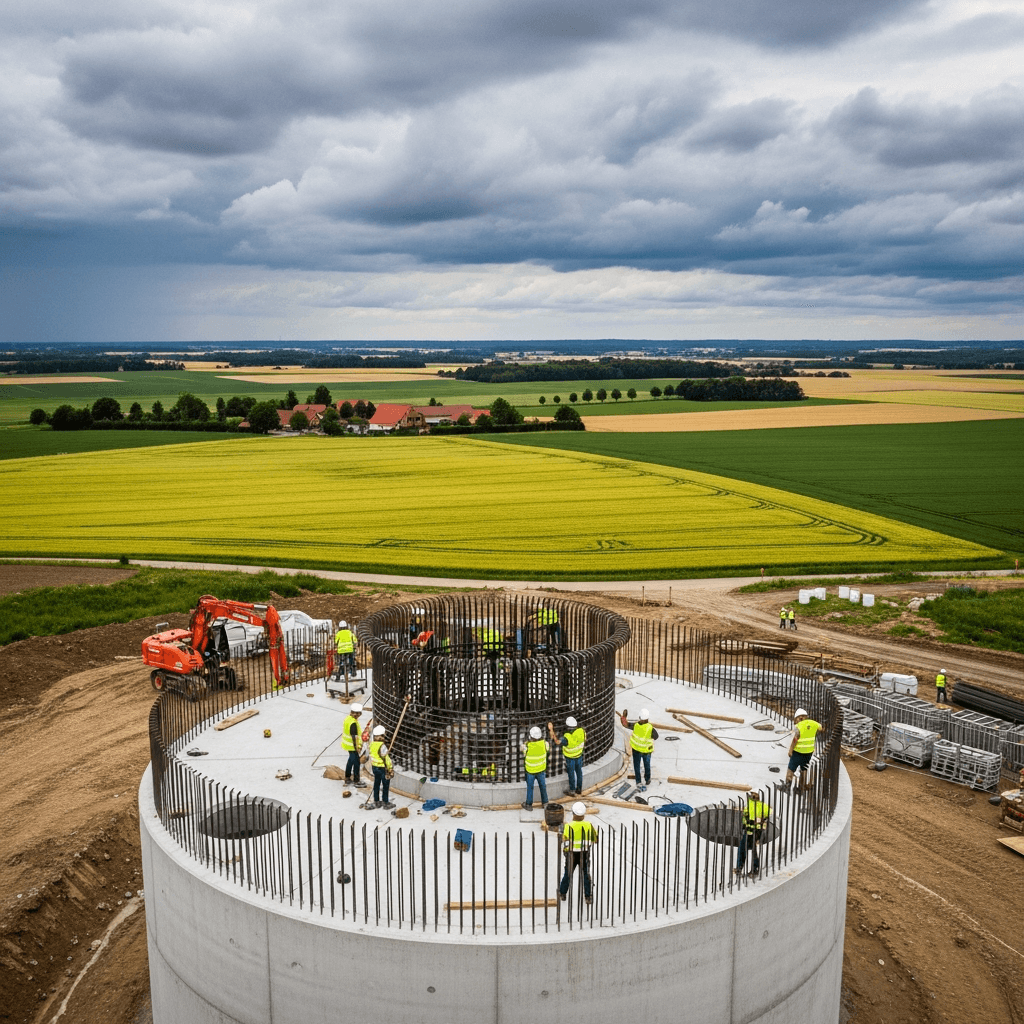 Ekipa pracowników na turbinie wiatrowej – widok z wysokości