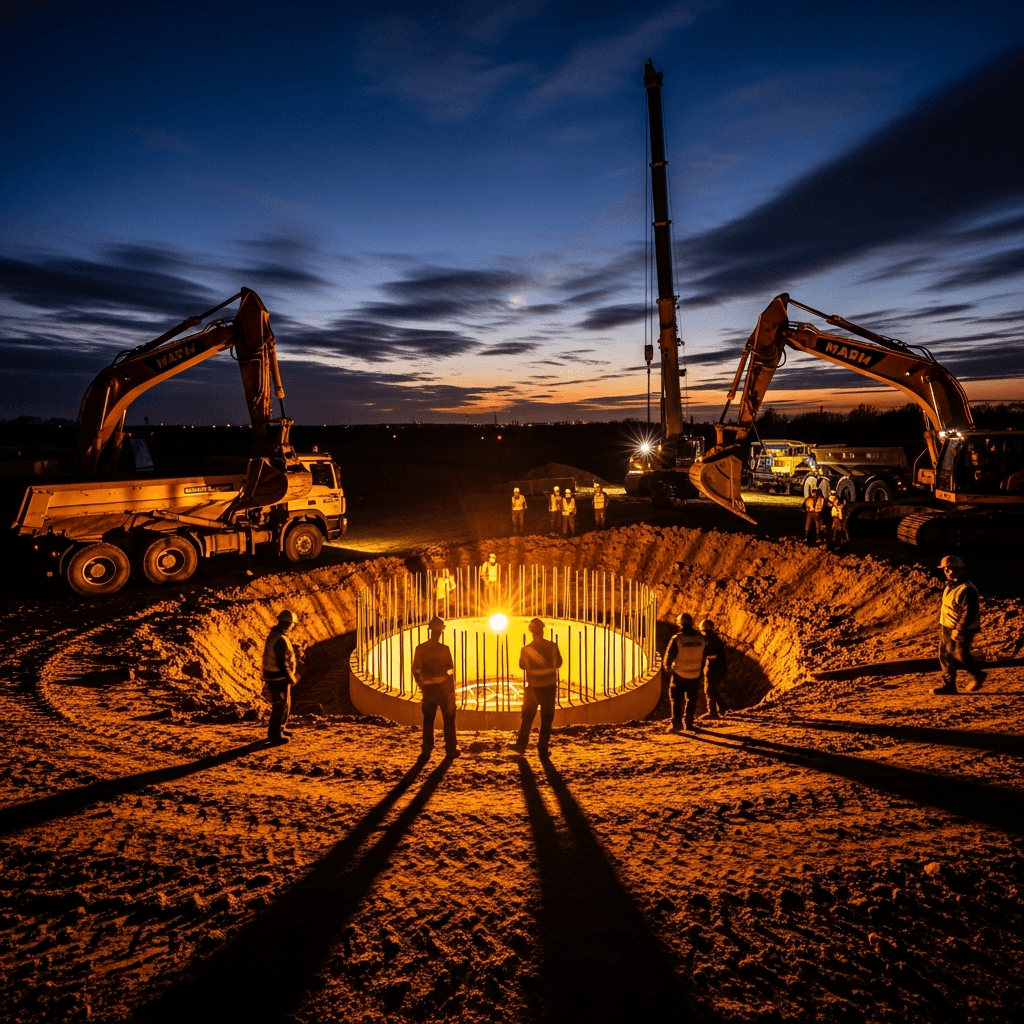 Nocna budowa fundamentu pod turbinę wiatrową